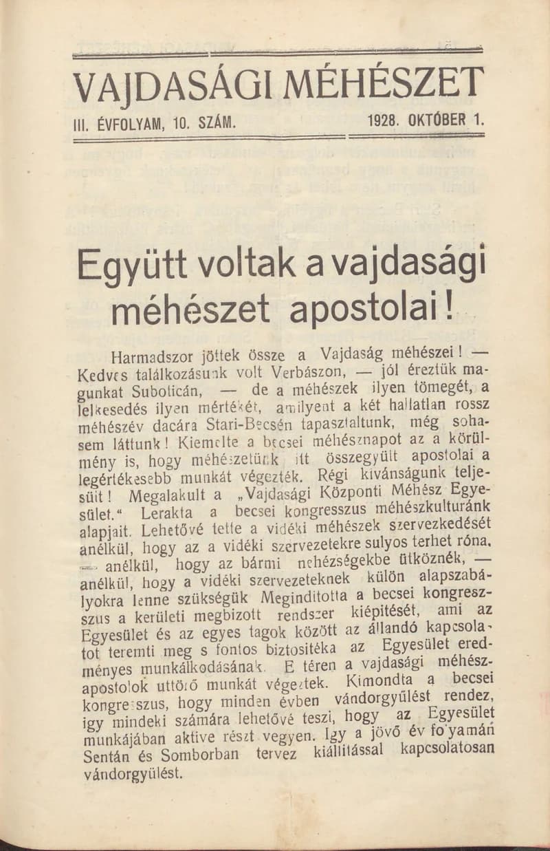 Vajdasági méhészet, 3. évf. 1928. október 1. 10. sz.
