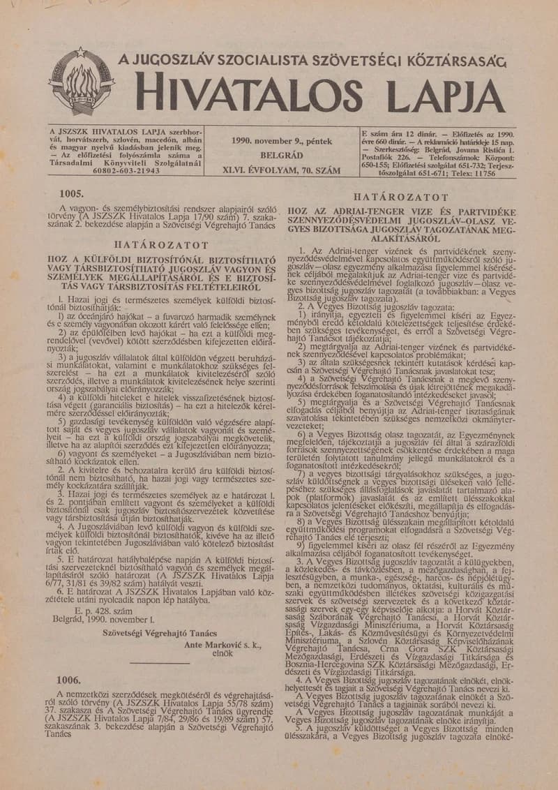 A Jugoszláv Szocialista Szövetségi Köztársaság Hivatalos Lapja, 46. évf. 1990. november 9. 70. sz. 2093–2120. oldal