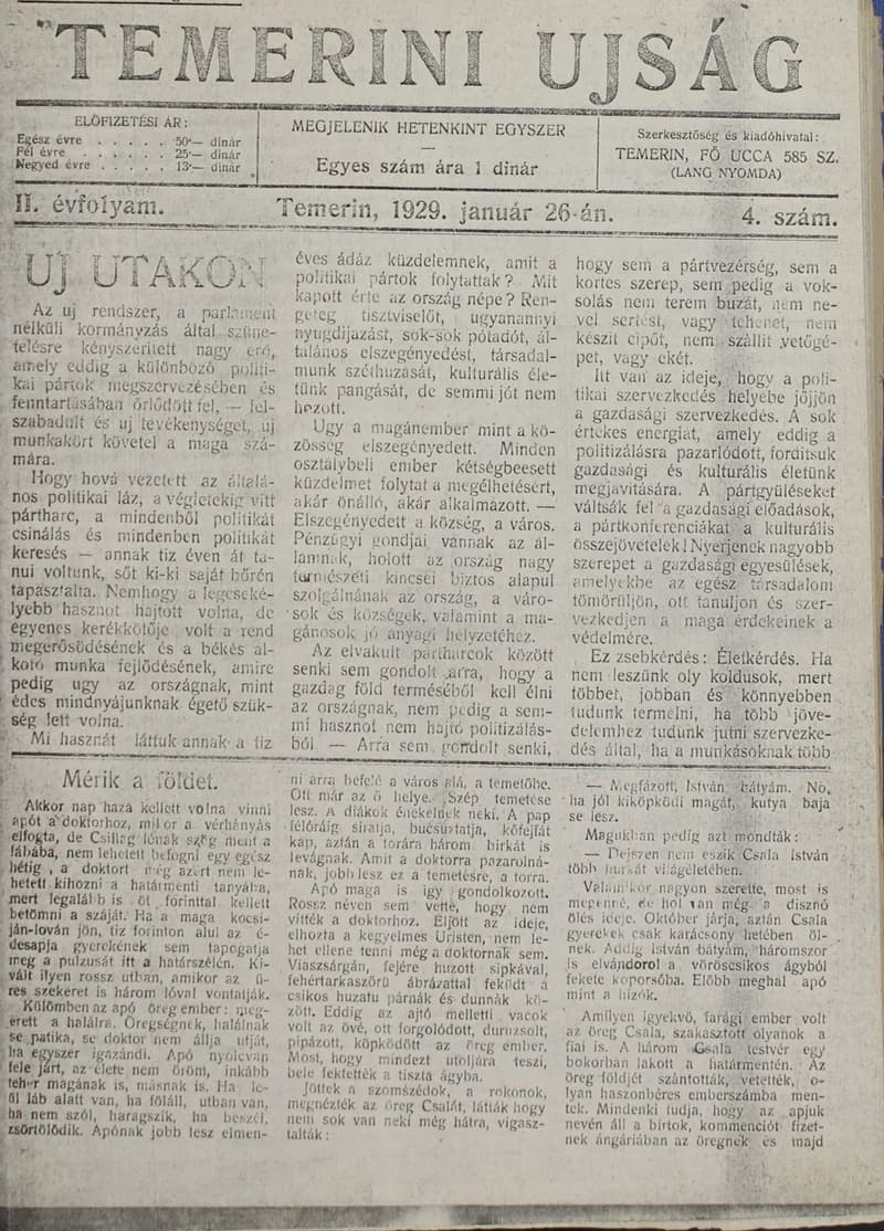 Temerini Újság 1928-1944, 2. évf. 1929. január 26. 4. sz.
