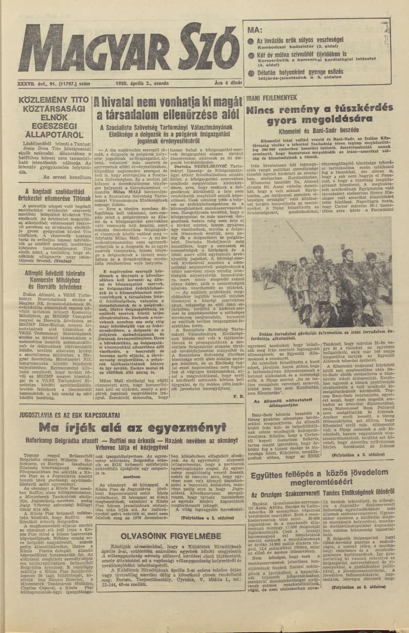 Magyar Szó, 37. évf. 1980. április 2. 91. sz. 1–20. oldal