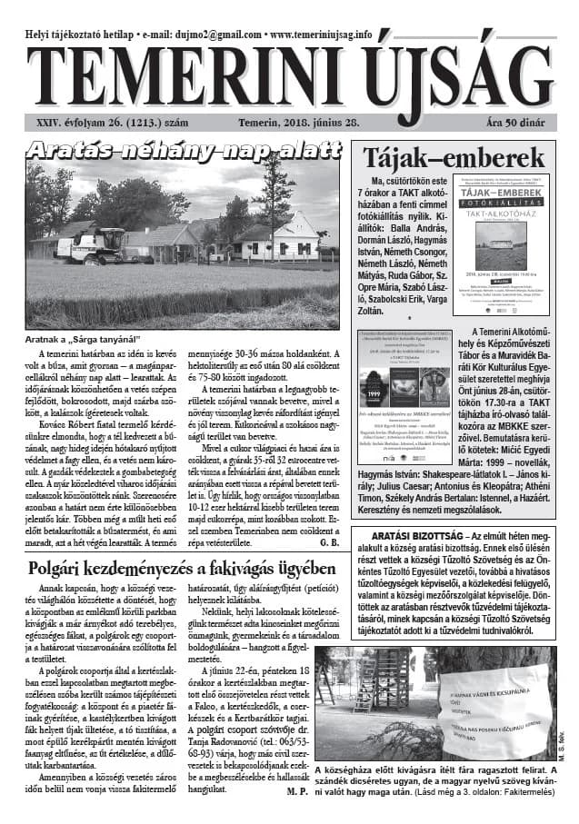 Temerini Újság, 24. évf. 2018. június 28. 26. sz.