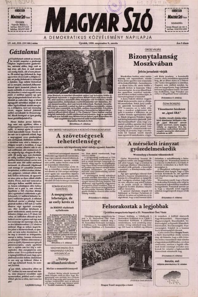 Magyar Szó, 55. évf. 1998. szeptember 9. 215. sz. 1–16. oldal