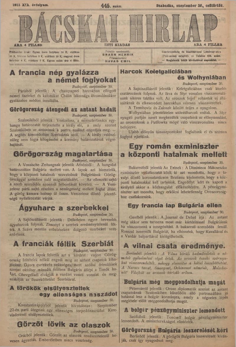 Bácskai Hirlap, 19. évf. 1915. szeptember 30. 445. sz.