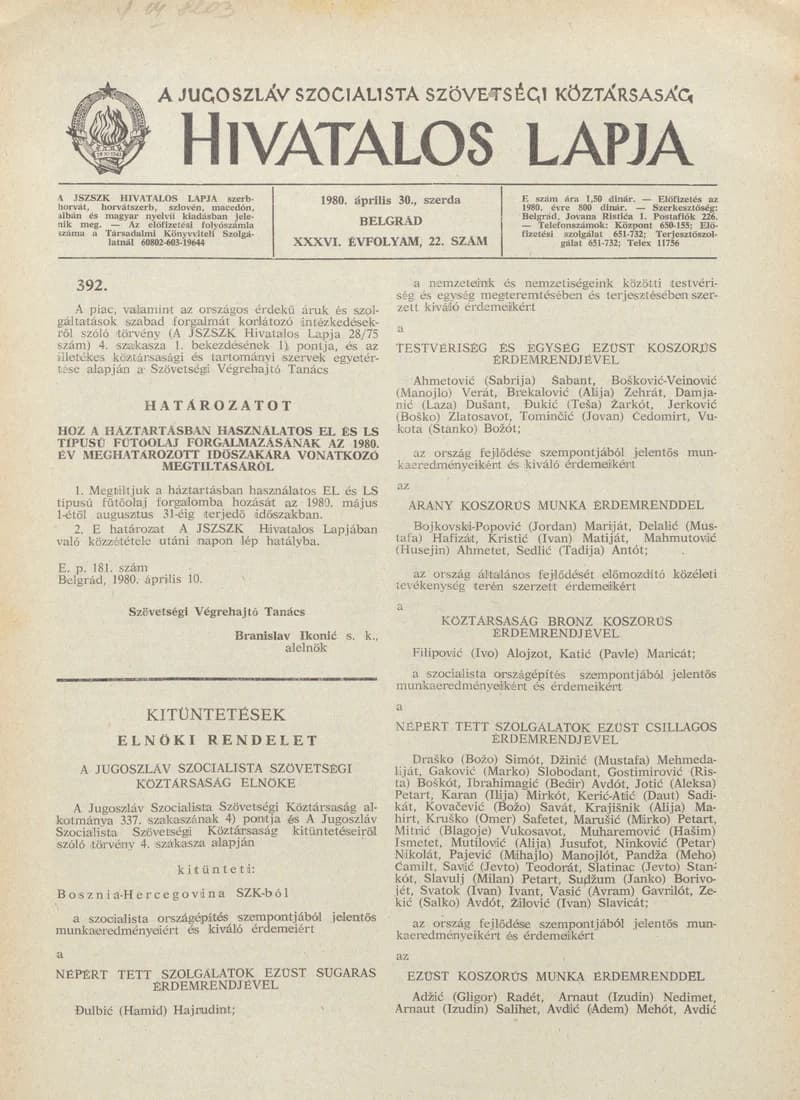 A Jugoszláv Szocialista Szövetségi Köztársaság Hivatalos Lapja, 36. évf. 1980. április 30. 22. sz. 841–844. oldal