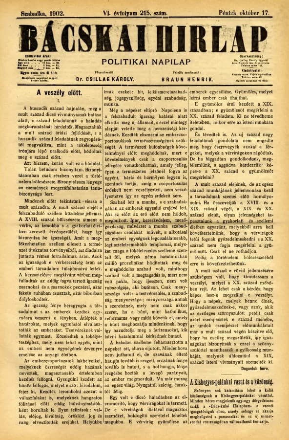 Bácskai Hirlap, 6. évf. 1902. október 17. 215. sz.
