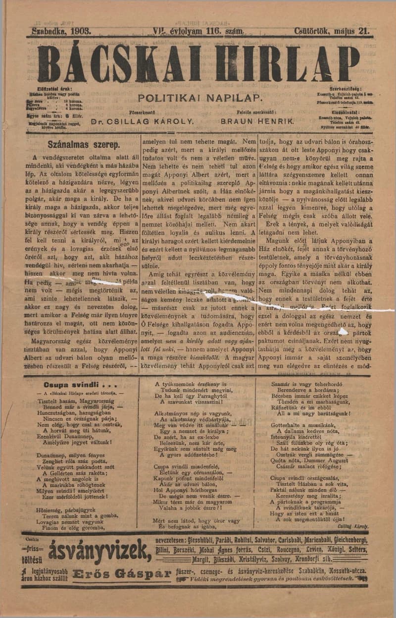 Bácskai Hirlap, 7. évf. 1903. május 21. 116. sz.
