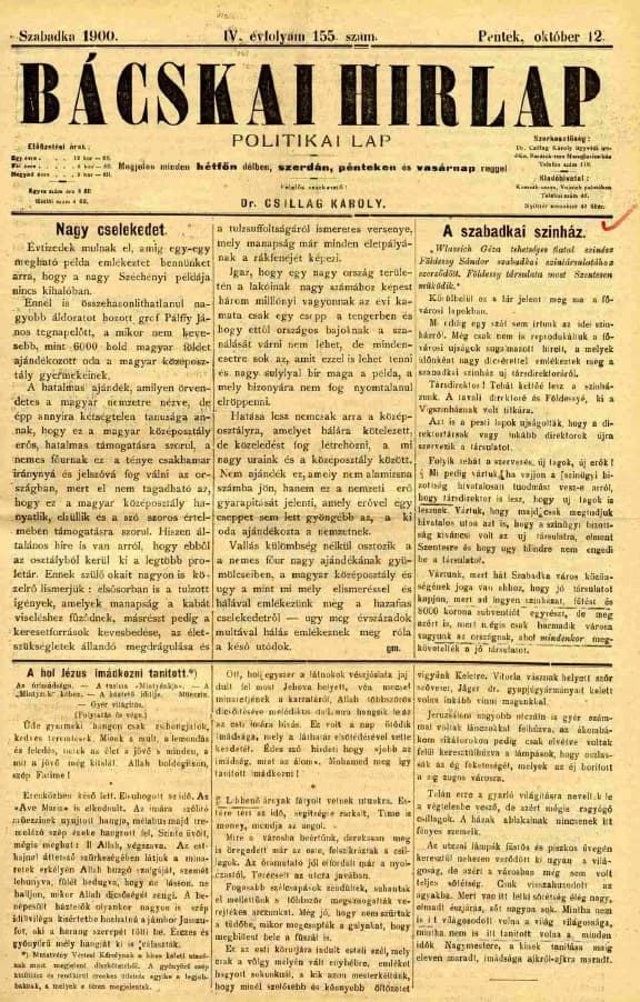 Bácskai Hirlap, 4. évf. 1900. október 12. 155. sz.