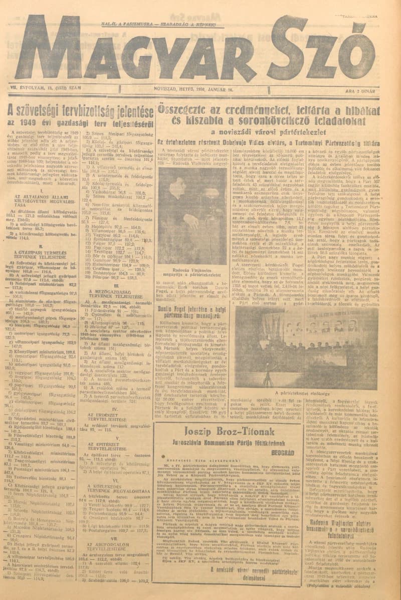 Magyar Szó, 7. évf. 1950. január 16. 13. sz. 1–4. oldal