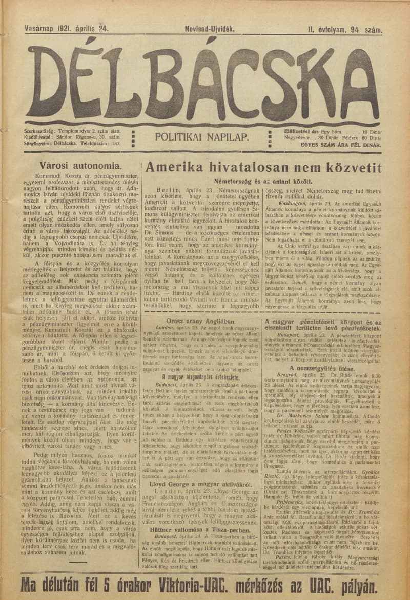 Délbácska, 2. évf. 1921. április 24. 94. sz.