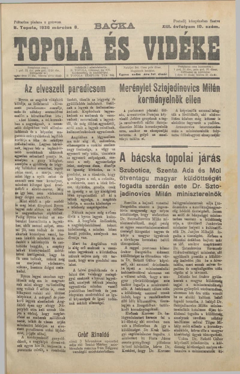 Bačka Topola és Vidéke, 13. évf. 1936. március 8. 10. sz.