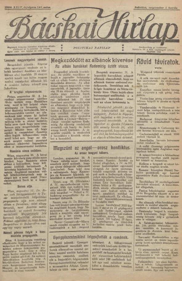 Bácskai Hirlap, 24. évf. 1920. szeptember 1. 140. sz.