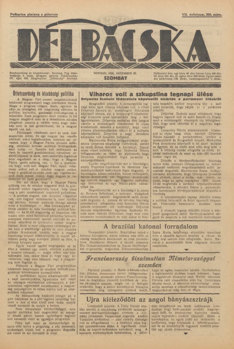Délbácska, 7. évf. 1926. november 20. 269. sz.