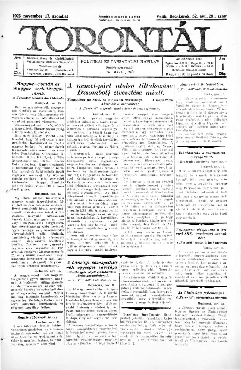 Torontál, 52. évf. 1923. november 17. 261. sz.