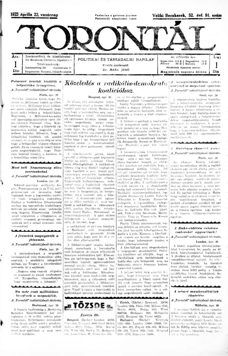 Torontál, 52. évf. 1923. április 22. 91. sz.