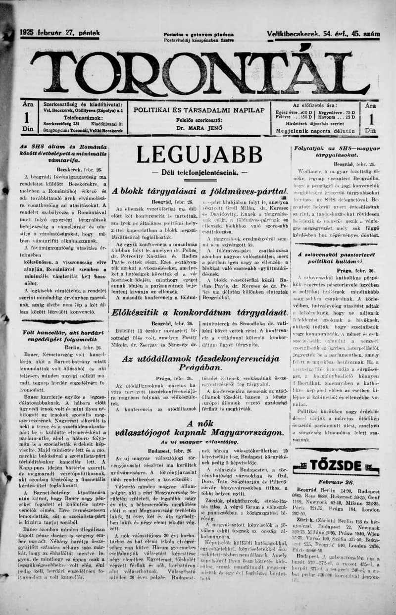 Torontál, 54. évf. 1925. február 27. 45. sz.
