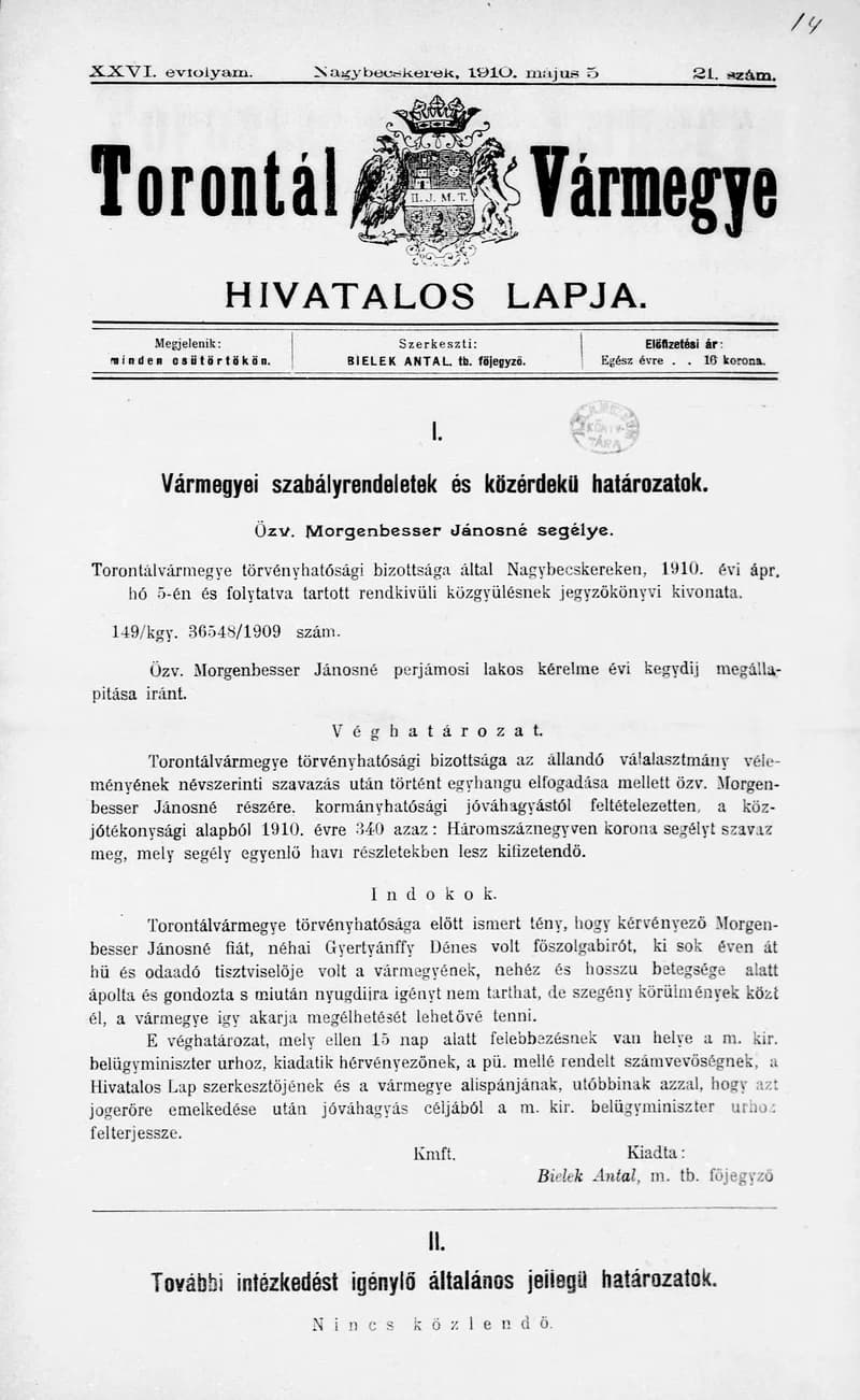 Torontál Vármegye Hivatalos Lapja, 26. évf. 1910. május 5. 21. sz.