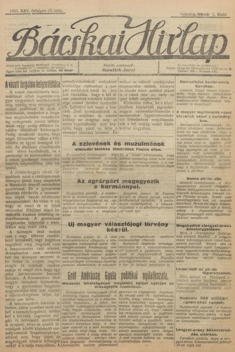 Bácskai Hirlap, 25. évf. 1921. február 1. 25. sz.