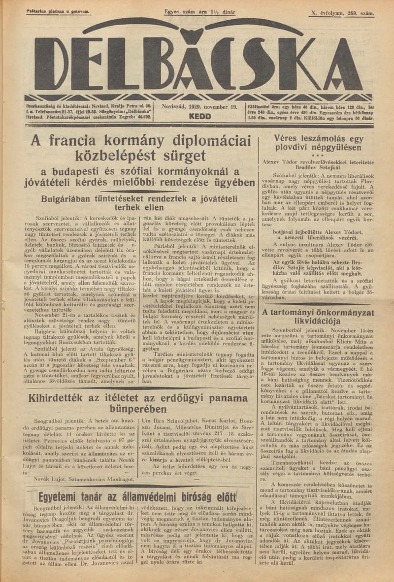 Délbácska, 10. évf. 1929. november 19. 269. sz.