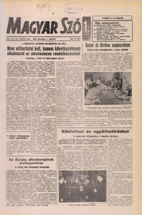Magyar Szó, 43. évf. 1986. december 4. 332. sz. 1–20. oldal