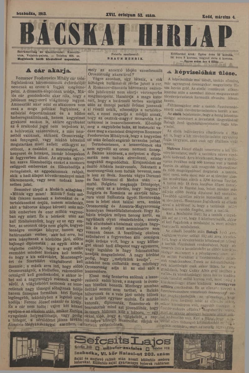 Bácskai Hirlap, 17. évf. 1913. március 4. 52. sz.