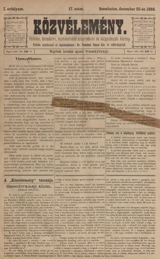 Közvélemény, 1. évf. 1886. december 25. 17. sz.