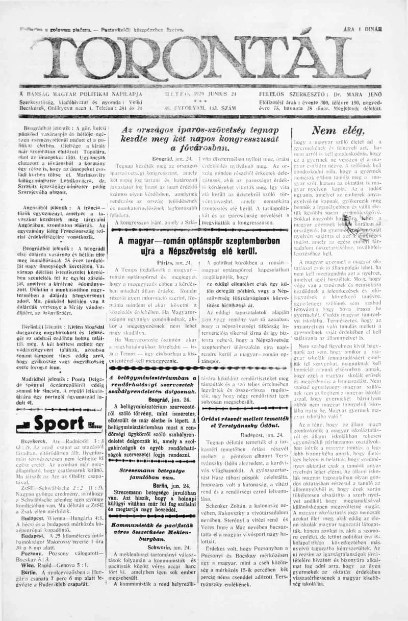 Torontál, 58. évf. 1929. június 24. 143. sz.