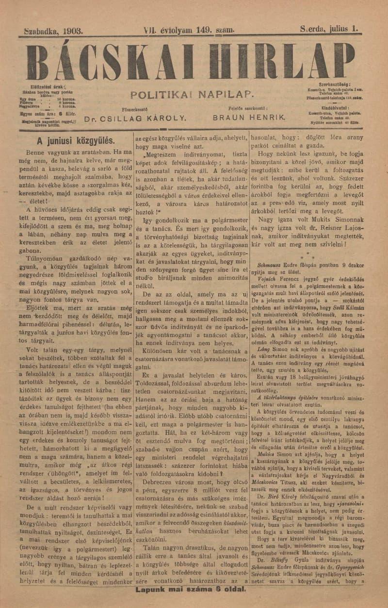 Bácskai Hirlap, 7. évf. 1903. július 1. 149. sz.