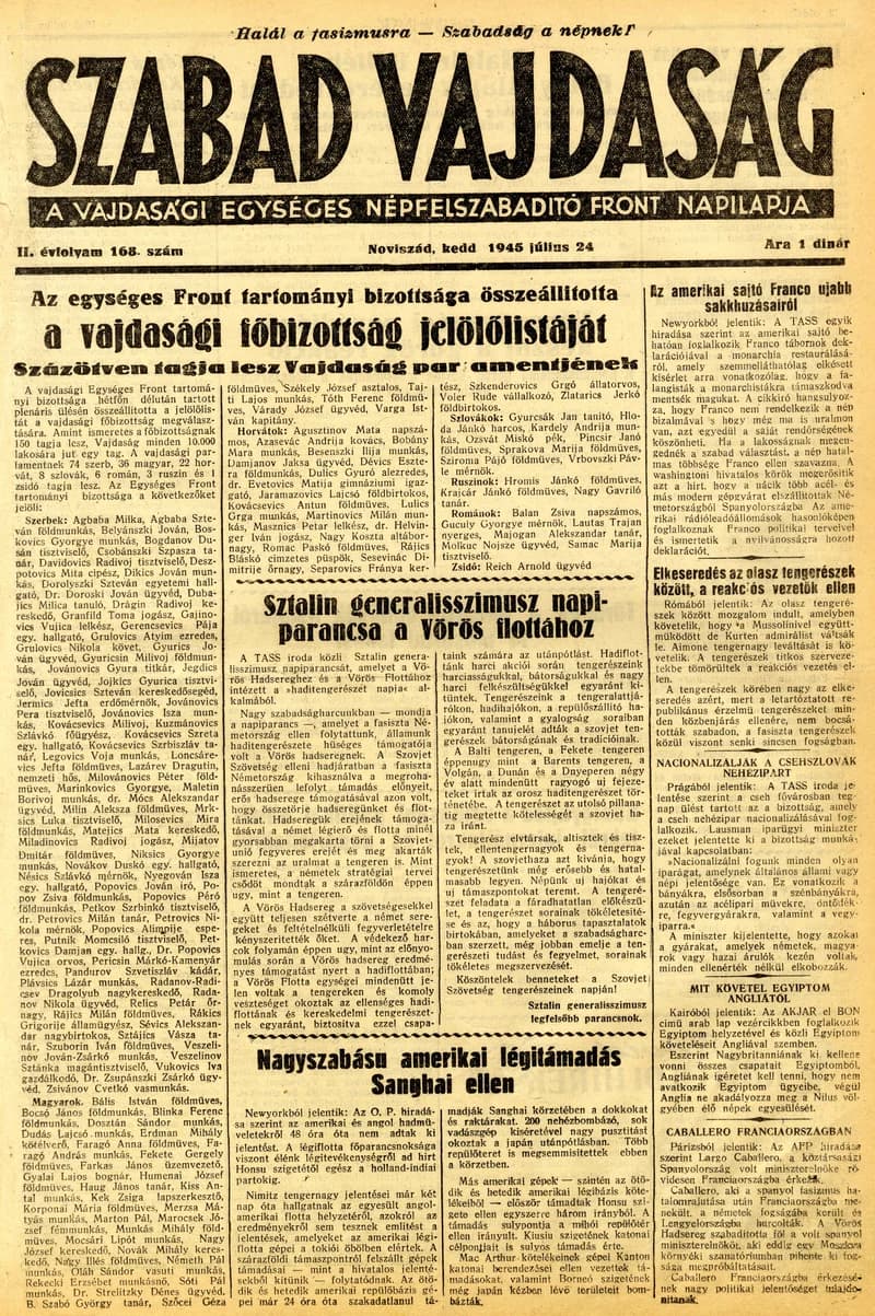 Szabad Vajdaság, 2. évf. 1945. július 24. 168. sz.