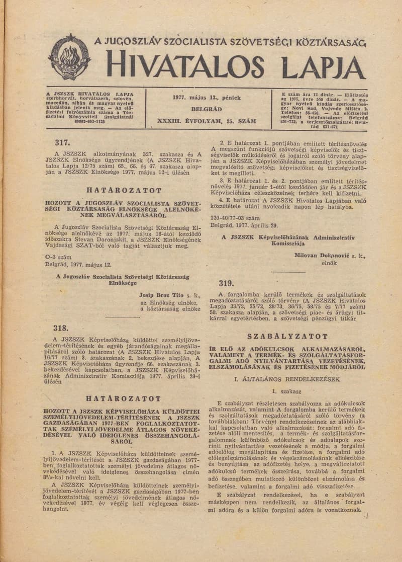 A Jugoszláv Szocialista Szövetségi Köztársaság Hivatalos Lapja, 33. évf. 1977. május 13. 25. sz. 1085–1132. oldal