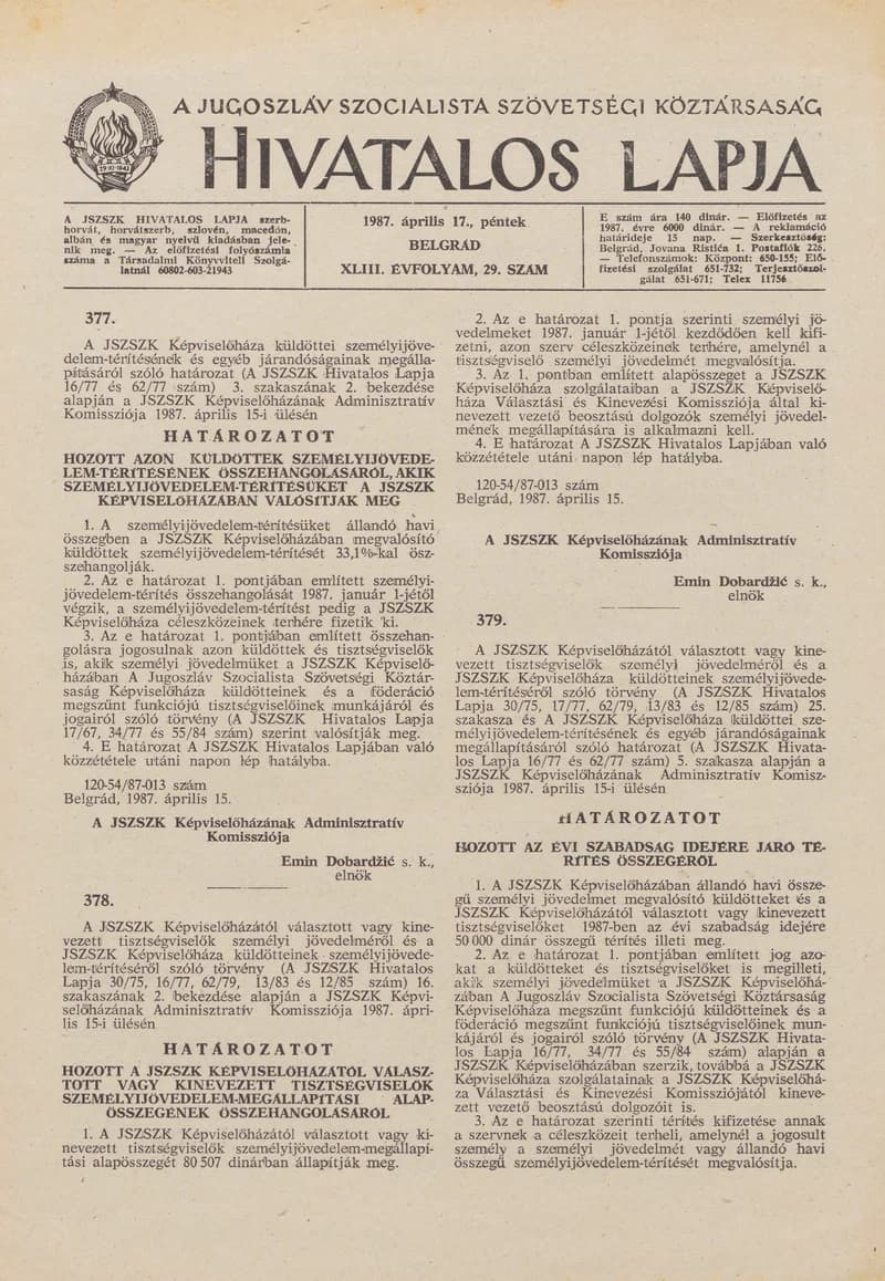 A Jugoszláv Szocialista Szövetségi Köztársaság Hivatalos Lapja, 43. évf. 1987. április 17. 29. sz. 749–764. oldal
