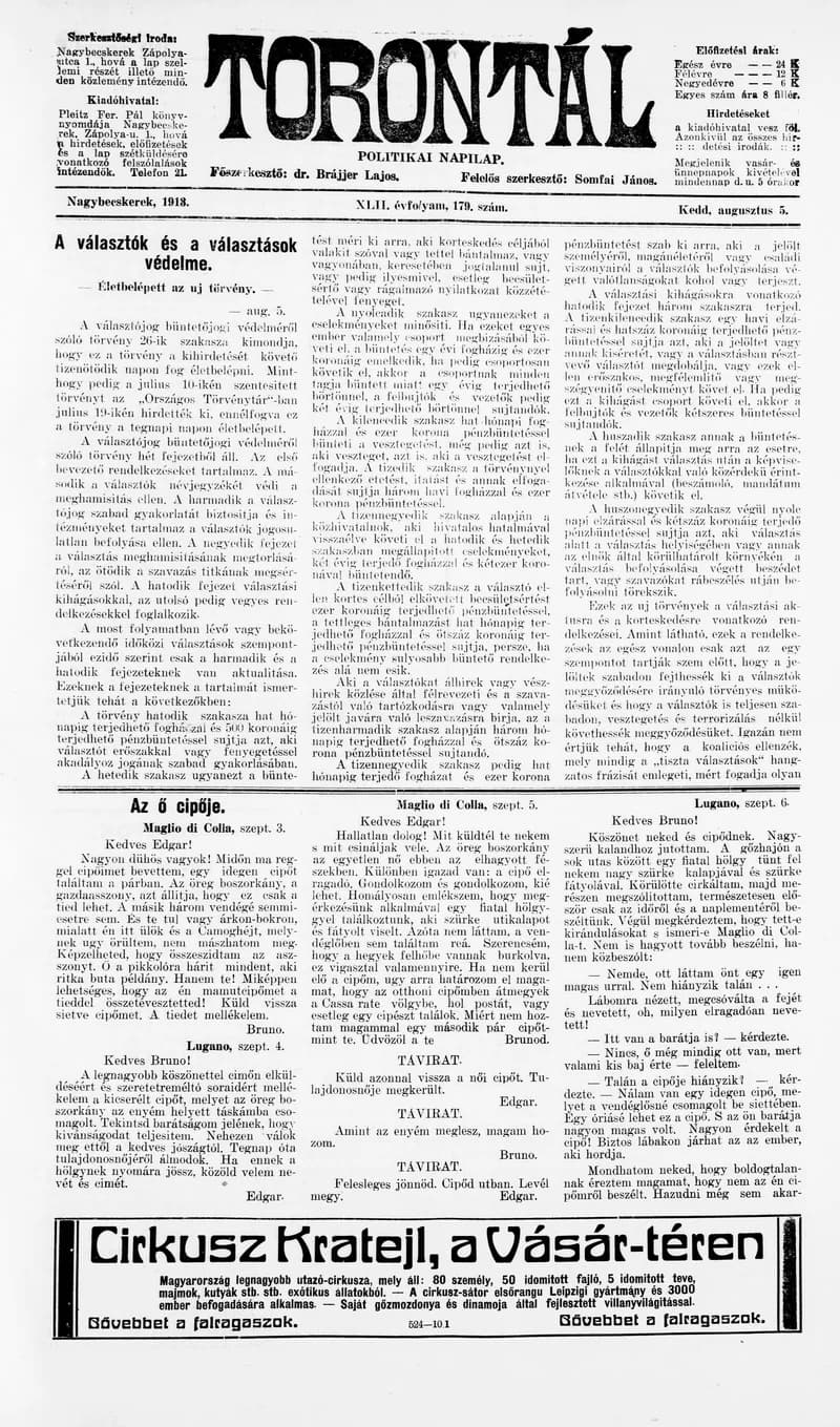 Torontál, 42. évf. 1913. augusztus 5. 179. sz.
