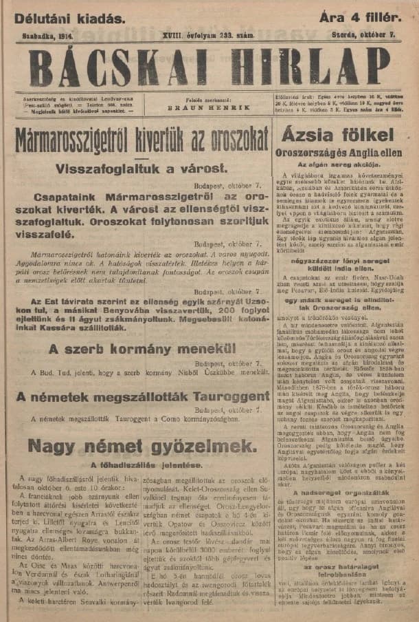 Bácskai Hirlap, 18. évf. 1914. október 7. 233. sz.