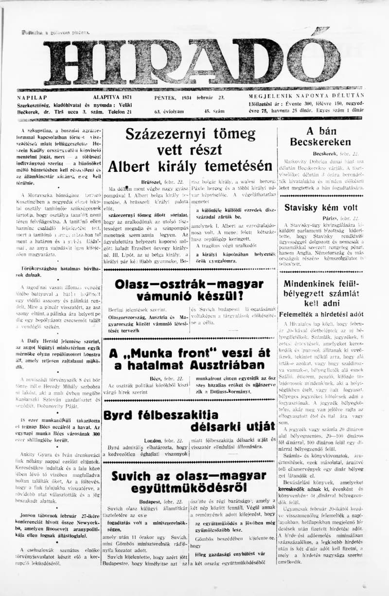 Híradó, 63. évf. 1934. február 23. 45. sz.