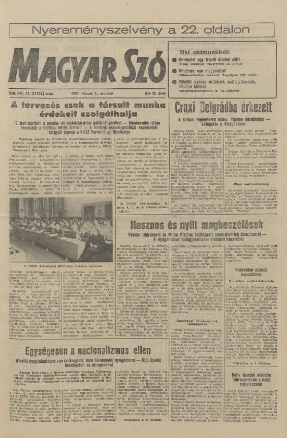 Magyar Szó, 42. évf. 1985. február 2. 31. sz. 1–24. oldal