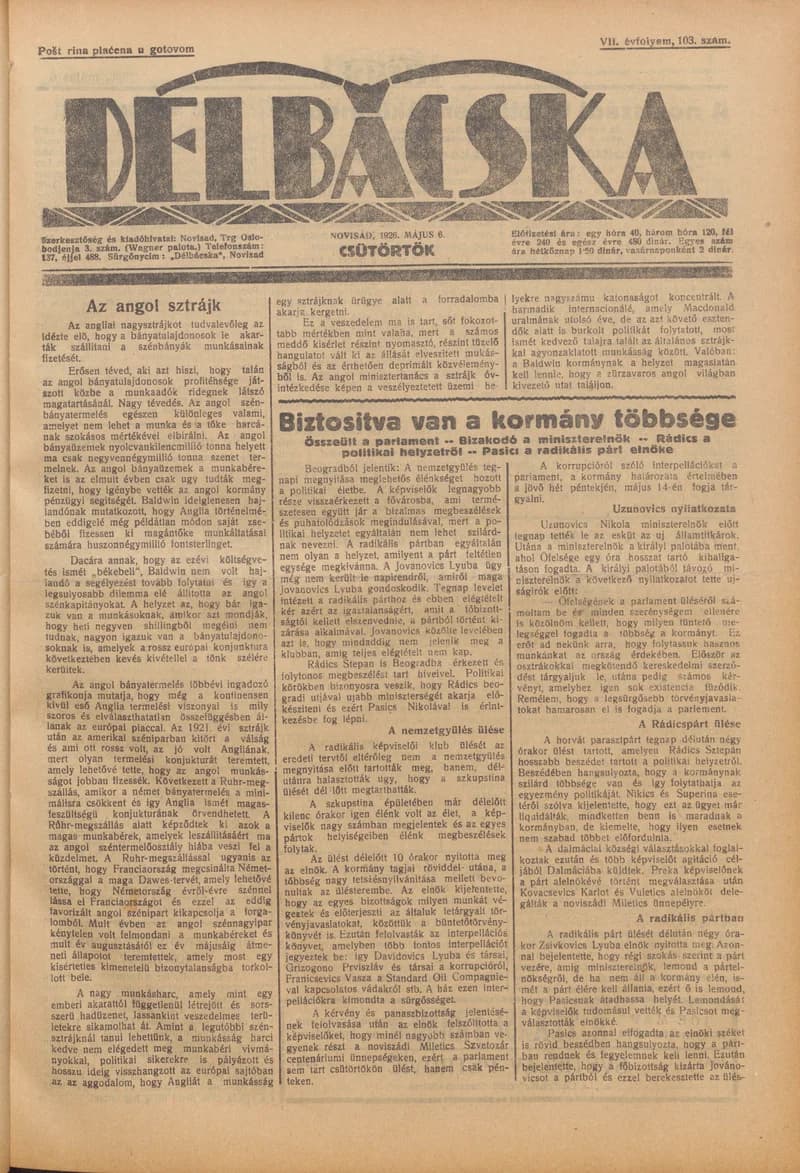 Délbácska, 7. évf. 1926. május 6. 103. sz.