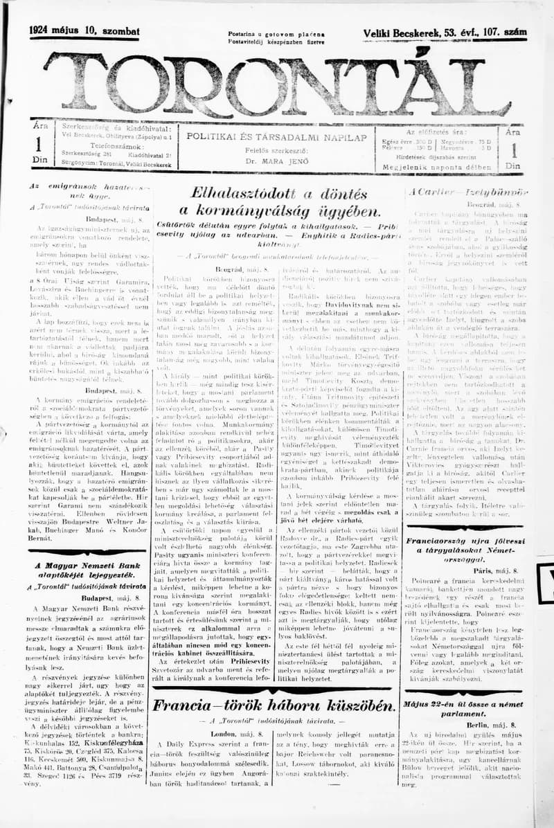 Torontál, 53. évf. 1924. május 10. 107. sz.