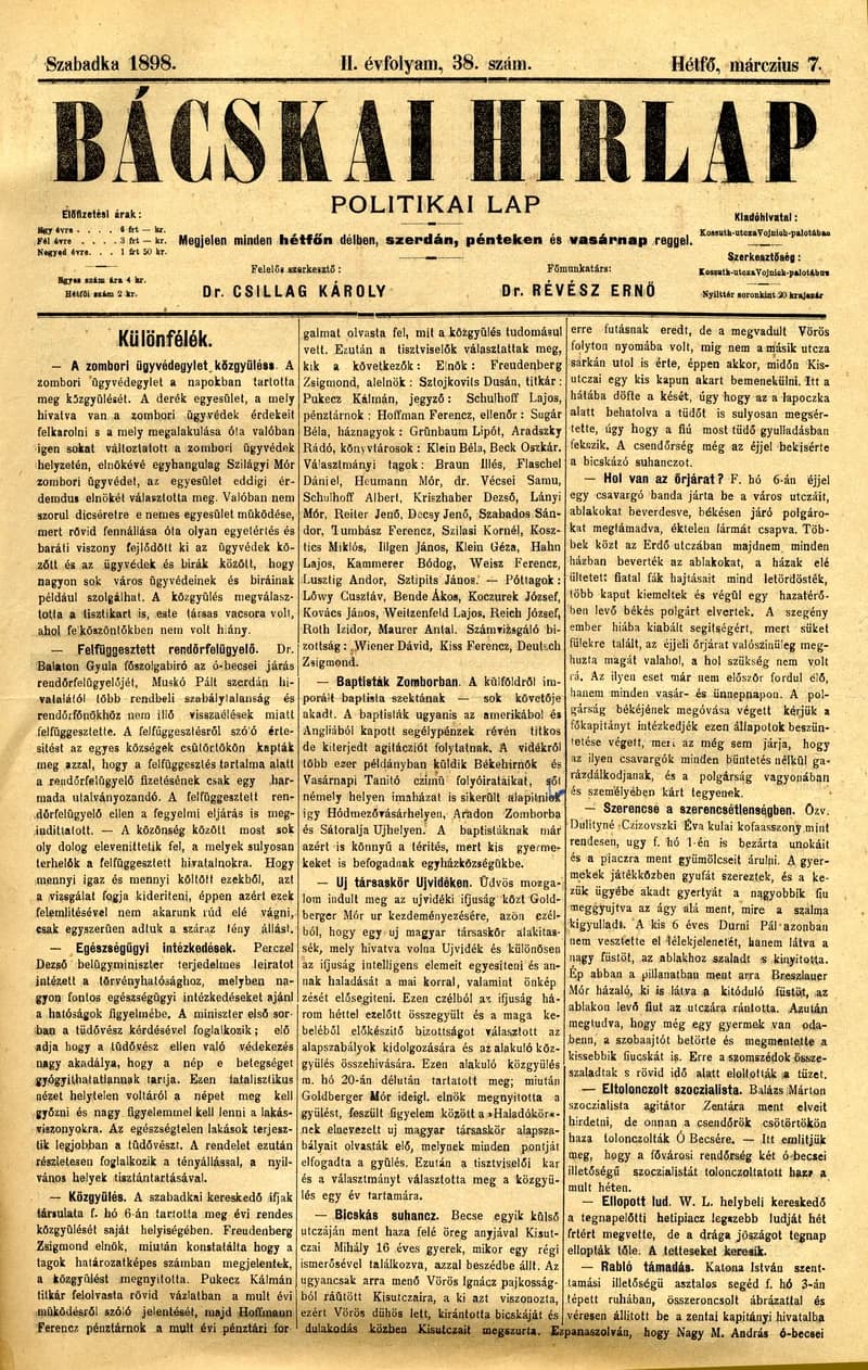 Bácskai Hirlap, 2. évf. 1898. március 7. 38. sz. 1–2. oldal