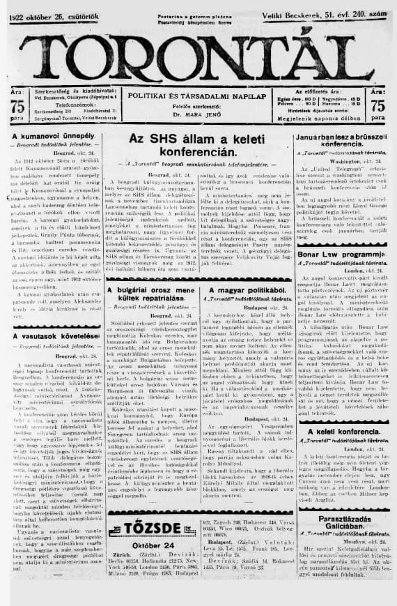 Torontál, 51. évf. 1922. október 26. 240. sz.