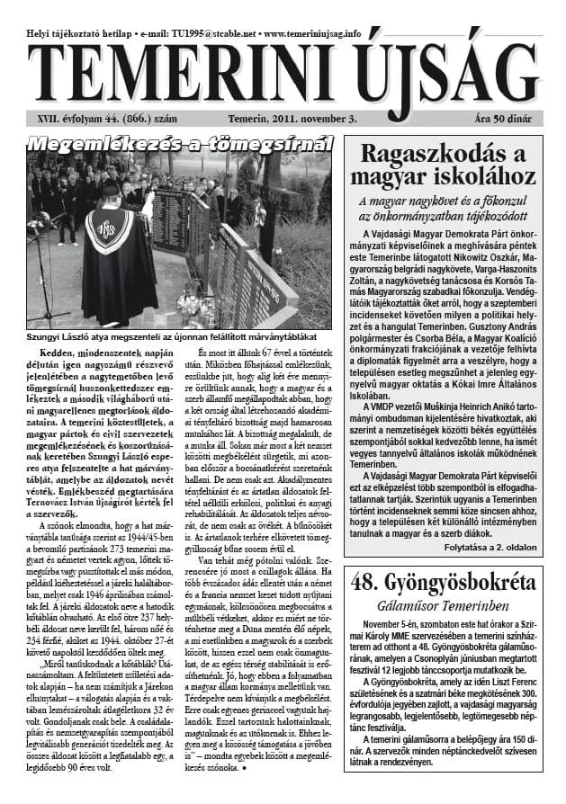 Temerini Újság, 17. évf. 2011. november 3. 44. sz.