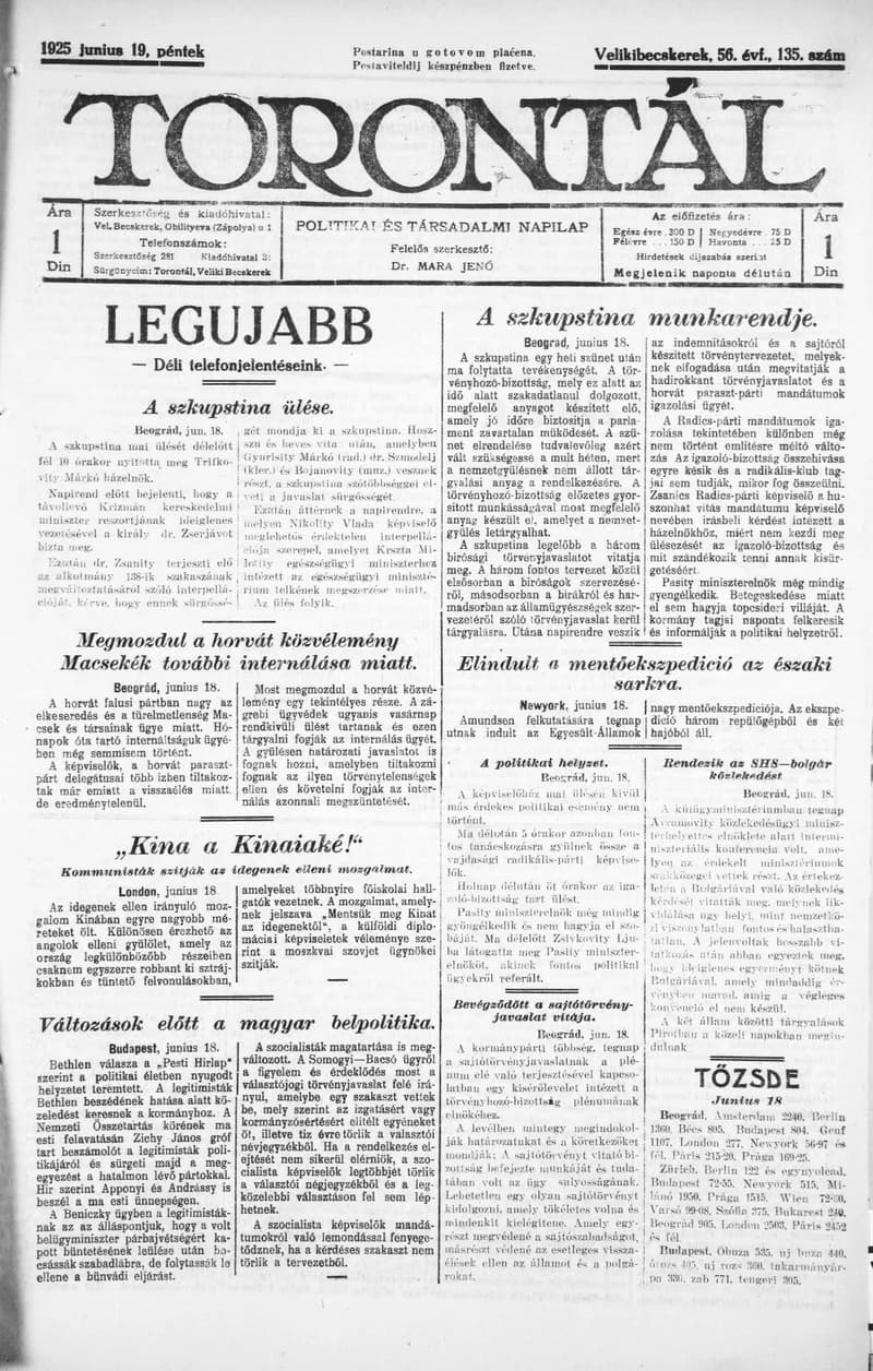 Torontál, 54. évf. 1925. június 19. 135. sz.