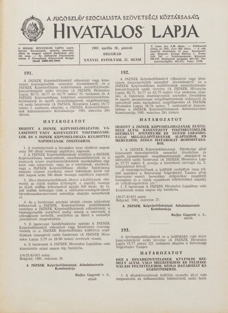 A Jugoszláv Szocialista Szövetségi Köztársaság Hivatalos Lapja, 37. évf. 1981. április 10. 21. sz. 537–548. oldal