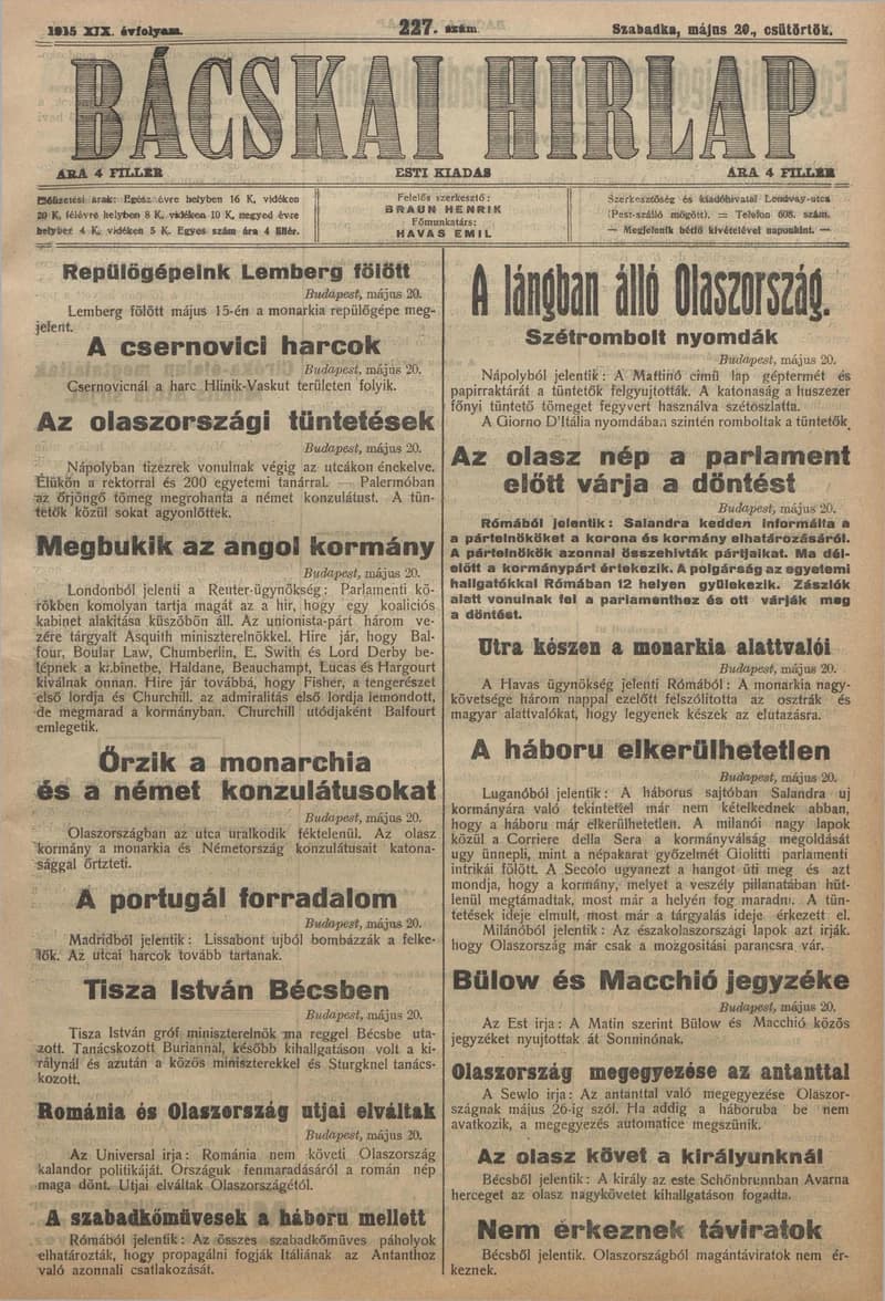 Bácskai Hirlap, 19. évf. 1915. május 20. 227. sz.