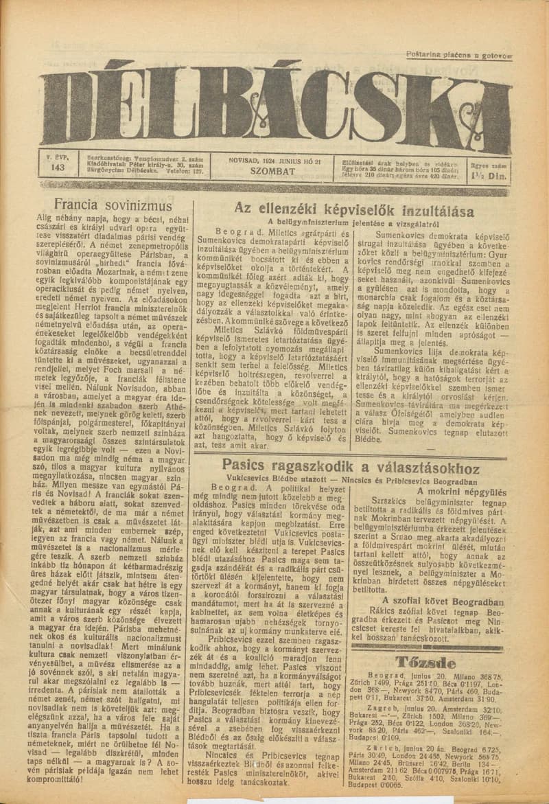 Délbácska, 5. évf. 1924. június 21. 143. sz.