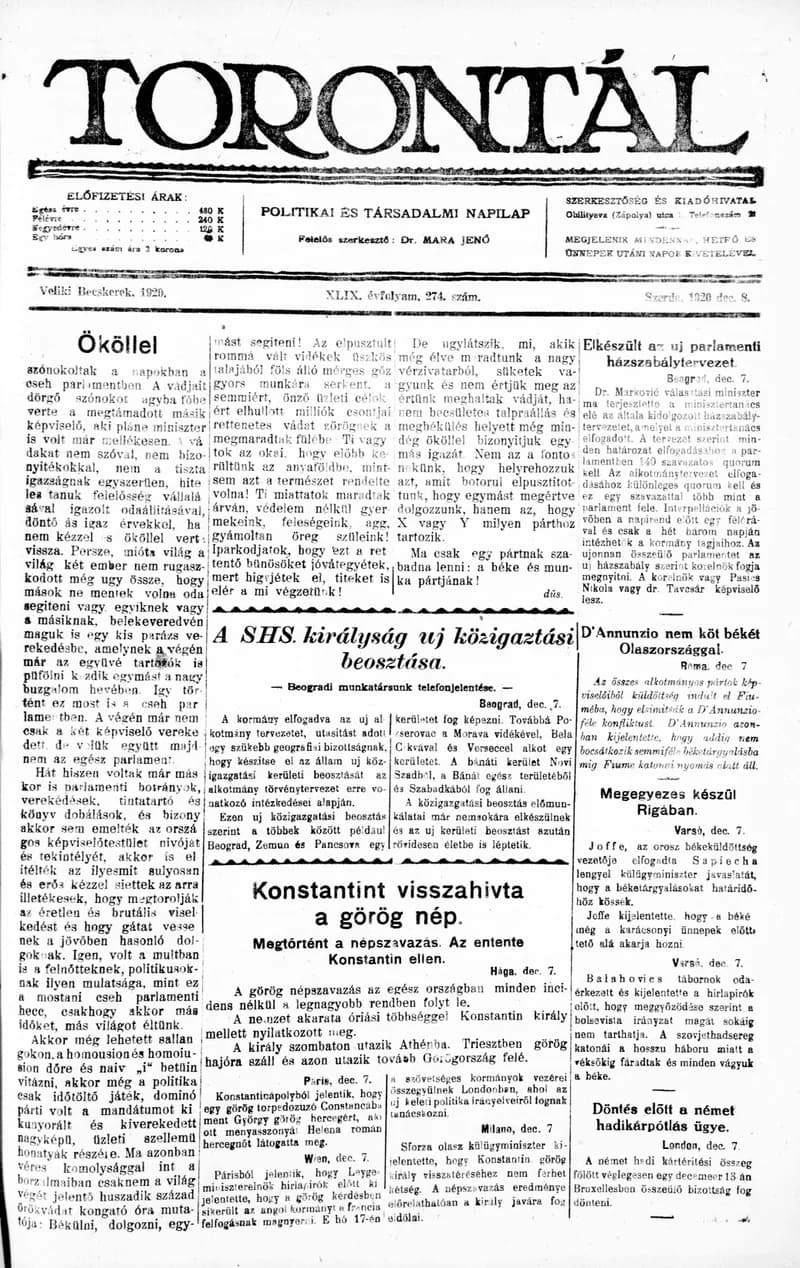 Torontál, 49. évf. 1920. december 8. 274. sz.