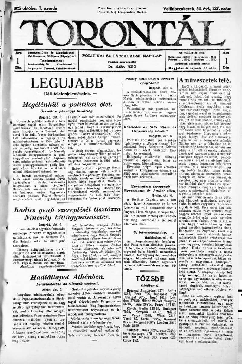 Torontál, 54. évf. 1925. október 7. 227. sz.