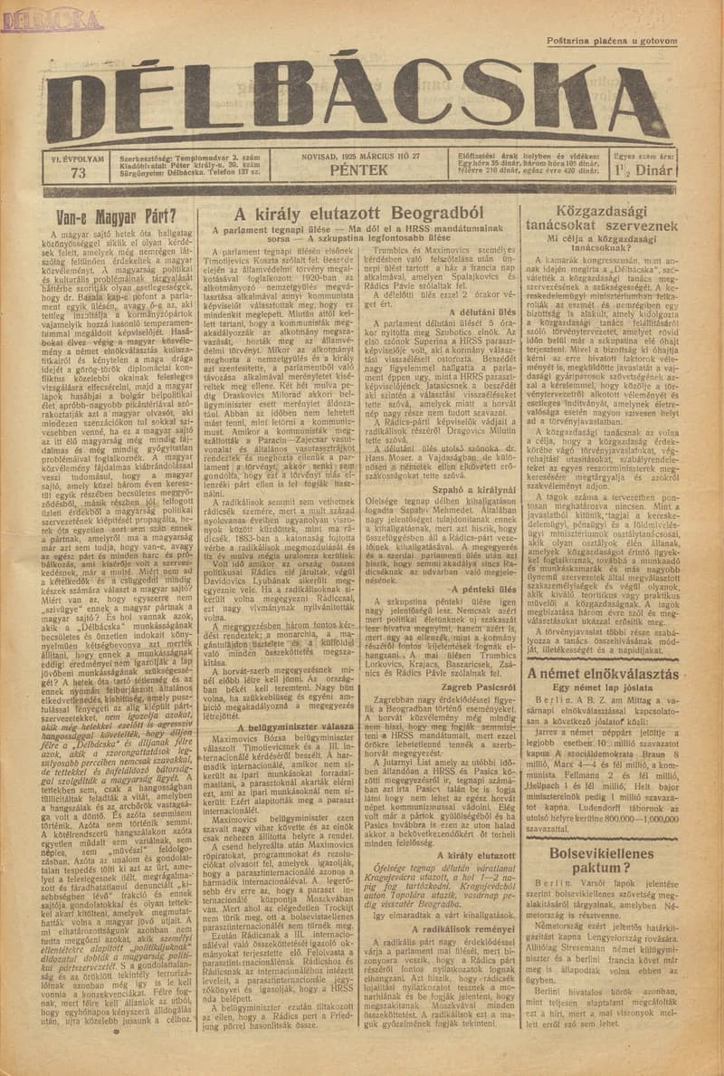 Délbácska, 6. évf. 1925. március 27. 73. sz.