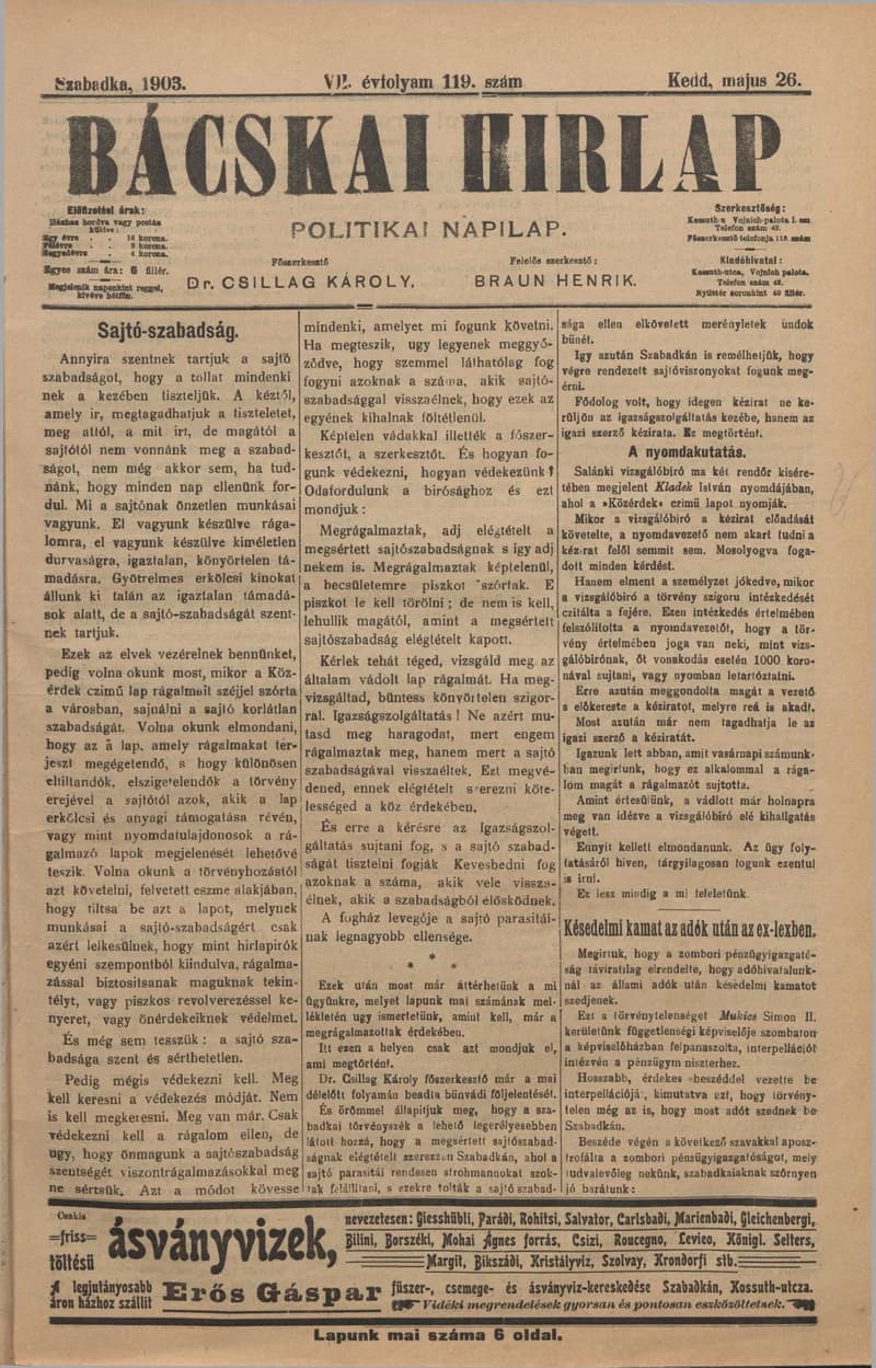 Bácskai Hirlap, 7. évf. 1903. május 26. 119. sz.