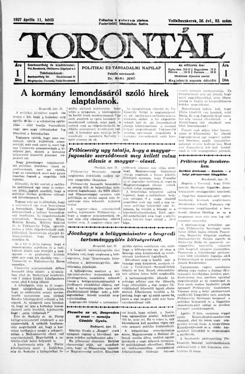 Torontál, 56. évf. 1927. április 11. 83. sz.