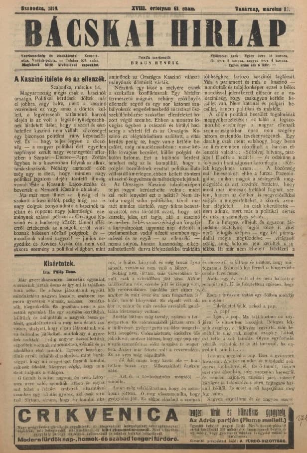 Bácskai Hirlap, 18. évf. 1914. március 15. 61. sz.