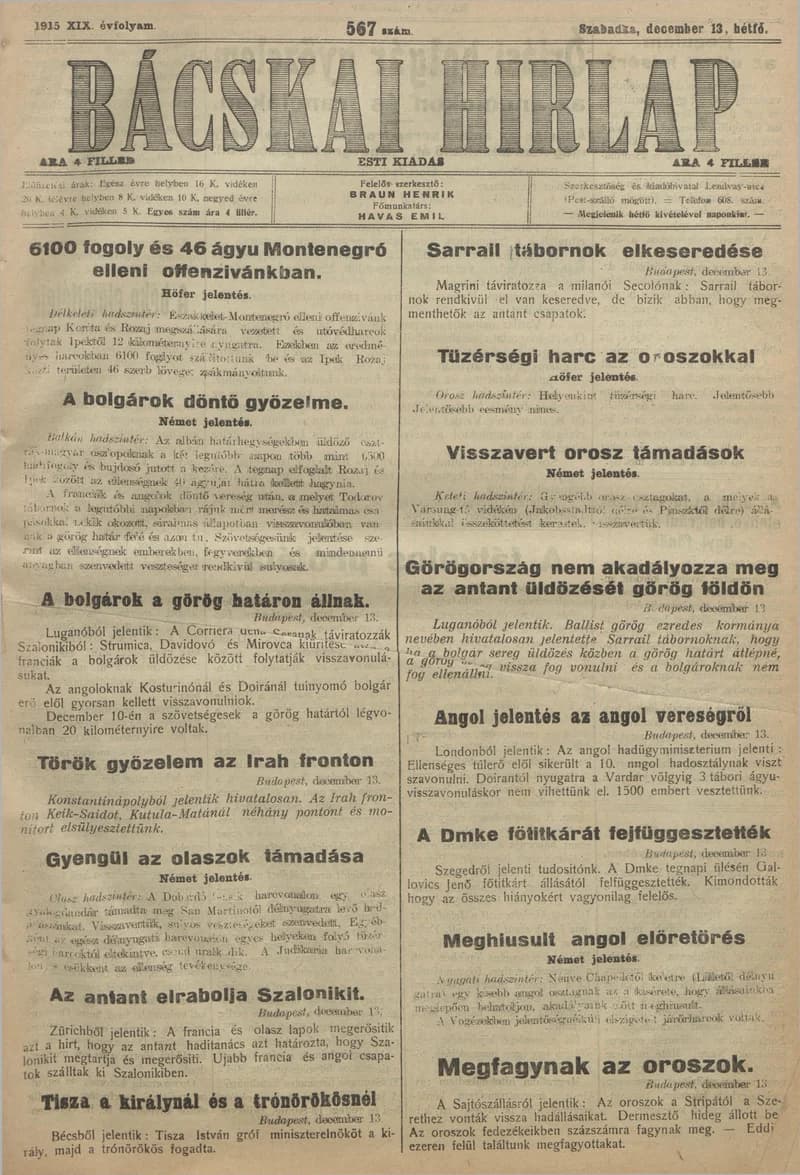 Bácskai Hirlap, 19. évf. 1915. december 13. 567. sz.